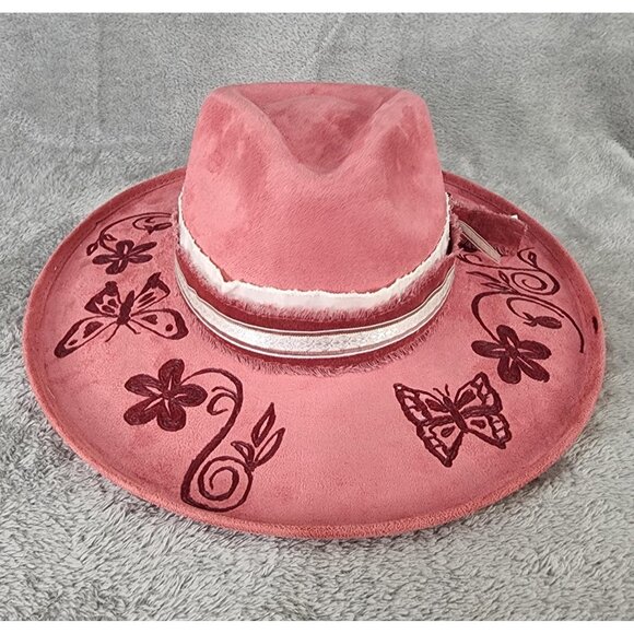 Womens Cowgirl Hat Medium Pink Felt Butterfly Bee Floral Burnt Painted Western - Picture 4 of 14